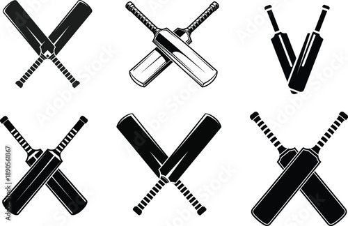 Collection of vintage monochrome crossed cricket bat emblems perfect for sports team logos and athletic club branding