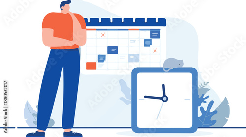 Man with clock and calendar - Working person in office doing time management and planning. Flat design cartoon vector illustration with white background