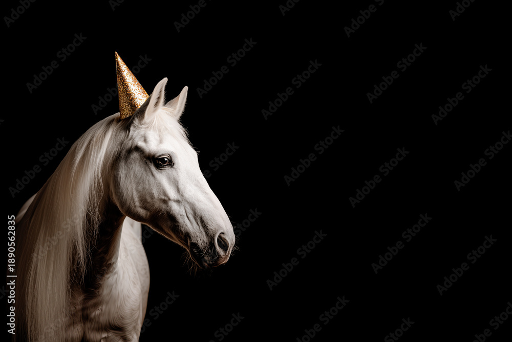 Fototapeta premium White horse wearing a glittering gold cone hat against a black background, soft light highlighting its flowing mane and elegant profile.