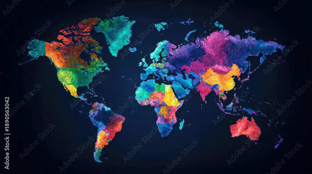 Fototapeta premium Colorful Watercolor World Map Illustration with Vibrant Regions