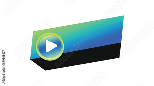 Isometric media player banner with glossy play button and blue green gradient background panel