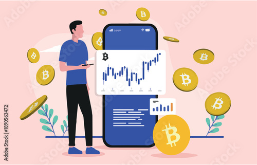 Bitcoin investor - Man making money investing and trading crypto currency on mobile phone. Flat design vector illustration.