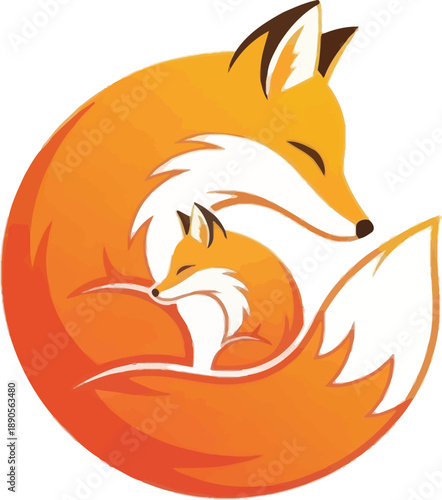 Loving mother fox curled around her cub, warm embrace in a heartwarming minimalist design