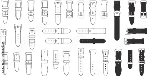 Watch strap silhouette vector set, black and white illustrations of buckle and band design variations