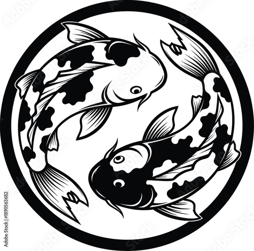 Yin Yang symbol formed by two black and white koi fish swimming in a circle, balancing harmony