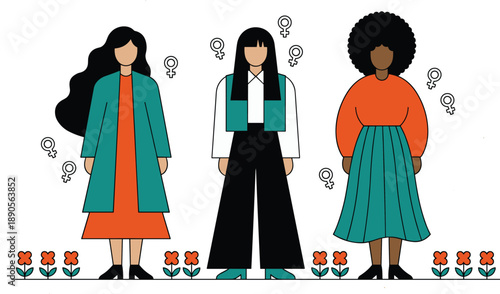 Women's Day vector illustration, colorful cartoon women with March 8 symbol, empowerment phrases, and festive decorations