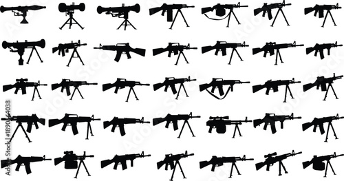 Firearm silhouette vector set, black illustrations of rifles, machine guns, and launchers with tactical attachments