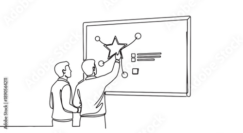 Two businessmen discuss strategy on whiteboard with star chart and flow diagram