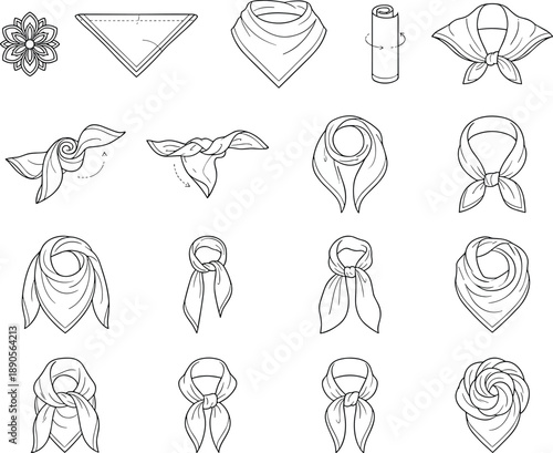 Scarf and bandana tying guide vector set, black and white illustrations of folding and styling techniques