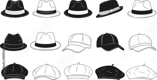 Hat style silhouette vector set, black and white illustrations of fedora, cap, and beret variations