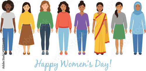 Happy Women's Day vector illustration, diverse women in cultural outfits with cursive celebration text and inclusive themeHappy Women's Day vector illustration, 