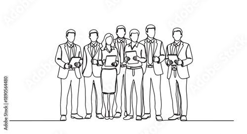 Diverse business team standing together in a line with laptops and tablets formal attire minimalist illustration