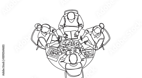 Business team meeting around a table with laptops and papers viewed from above in a minimalist line drawing style