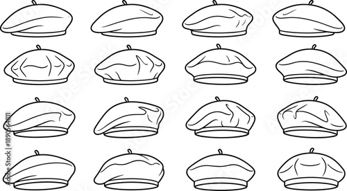 Beret silhouette vector set, black and white illustrations of hat styles with wrinkle and contour variations