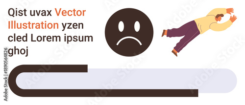 Failure, mental struggle, setback, low progress, emotional hardship, and stress. A sad face icon, a progress bar and a falling person. Failure and mental struggle concept