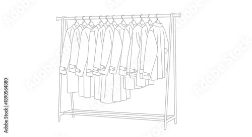 Sketch of a clothing rack filled with hanging garments predominantly shirts and jackets