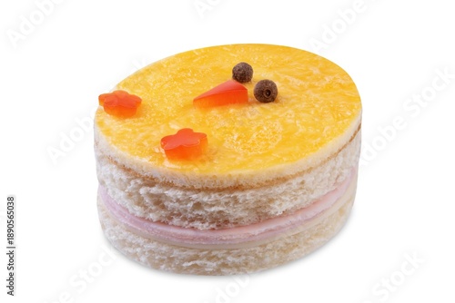 Ham cheese omelette sandwich in the form of chick on a white isolated background