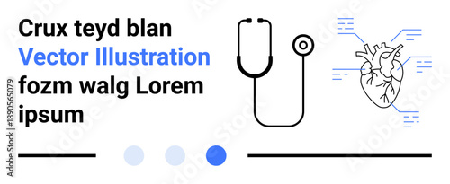 Stethoscope beside detailed heart anatomy outline with infographic elements. Ideal for healthcare, medical education, cardiology, diagnostics, health apps, clinics, simple landing page