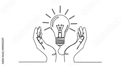 Hands holding a glowing light bulb with rays symbolizing idea and inspiration