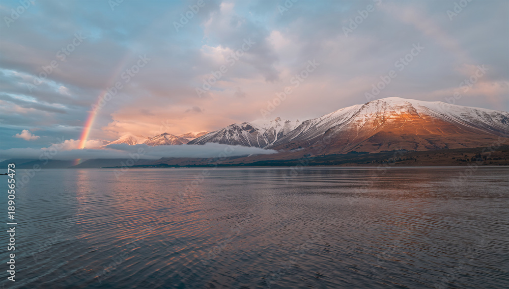 Naklejka premium 春の雨上がり、山岳湖の上空に淡い虹が架かる静かな朝