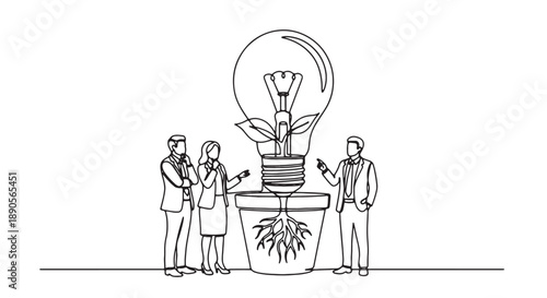 Business people discuss creative idea with plant growing inside light bulb on table
