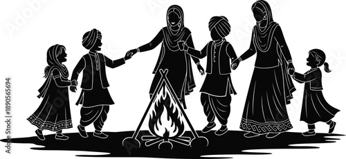 Flat Lohri Festival Silhouette on White Background – Joyful People Celebrating Around Bonfire
