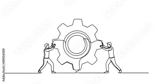 Two businessmen pushing large gear teamwork and collaboration concept industrial design