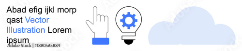 Cloud computing, SaaS technology, creativity, digital interaction, idea generation, innovation. Hand pointing to light bulb with gear next to cloud. Cloud computing and creativity concept