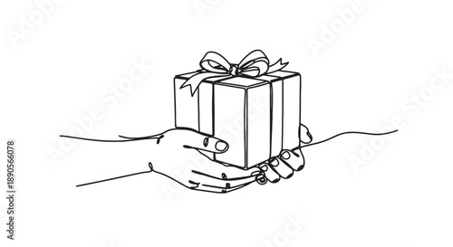 Two hands exchanging a beautifully wrapped gift box with ribbon and bow minimalist line art illustration