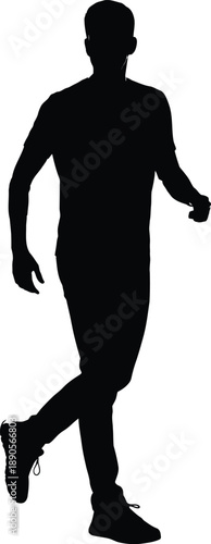 A silhouette of a man running in a dynamic pose on a white background