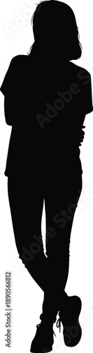 A woman standing with her back to the viewer in a black silhouette against a white background