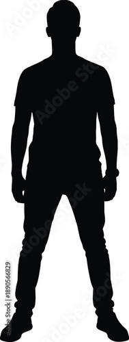 A black silhouette of a man standing with feet shoulder width apart on a white background