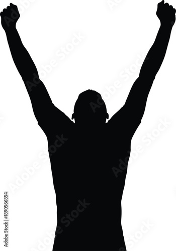 A person celebrating with arms raised in triumph and joy on a white background