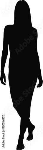 A woman walking alone in a dark silhouette against a white background
