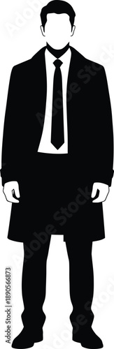 A faceless man in a black suit and tie standing against a white background in a simple monochromatic illustration