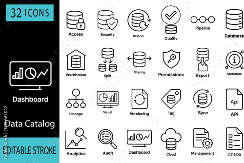 Collection of 32 modern minimalist icons for data catalog, dashboard, and database management, suitable for web and app design.