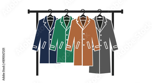 A simple illustration of four coats hanging on a clothing rack
