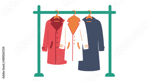 A clothing rack displays three colorful coats hanging on wooden hangers