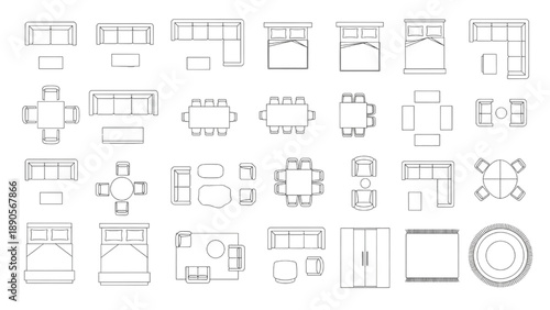 Vector Top View Architectural Furniture CAD Blocks Set for Floor Plans | Sofas, Beds, Tables, Chairs, Rugs, Dining Tables, Armchairs, Wardrobes