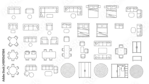 Vector Top View Architectural Furniture CAD Blocks Set for Floor Plans | Sofas, Beds, Tables, Chairs, Rugs, Dining Tables, Armchairs, Wardrobes