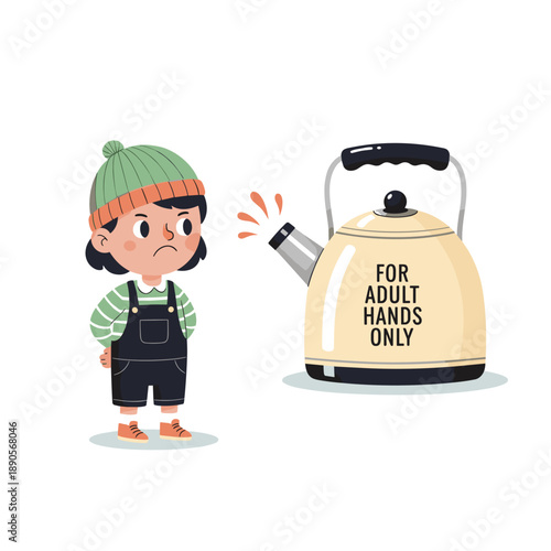 little girl looking at steaming kettle with safety text for parent education, household safety blogs and posters