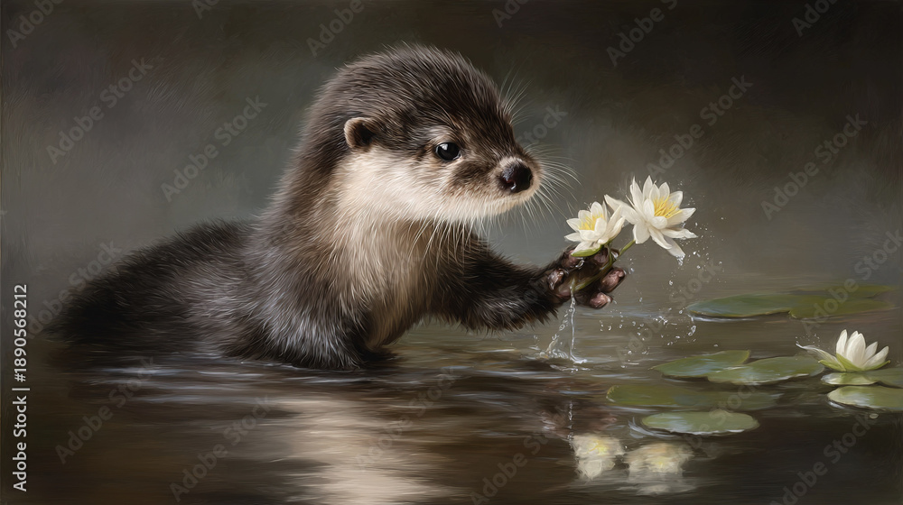 Fototapeta premium Otter holding a white water lily in a serene pond