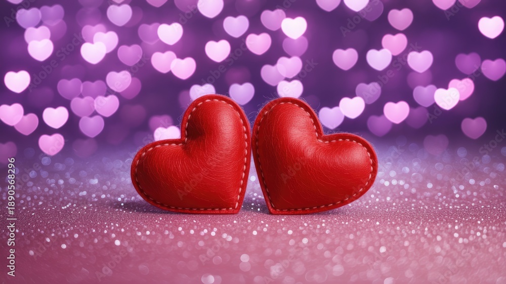 Obraz premium Two red hearts on sparkling background