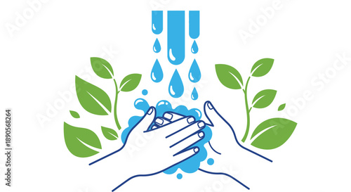 Illustration depicting clean hands washing under running water surrounded by growing green leaves symbolizing freshness
