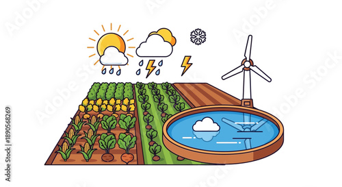 Illustration depicting sustainable farming practices influenced by various weather conditions and renewable energy sources