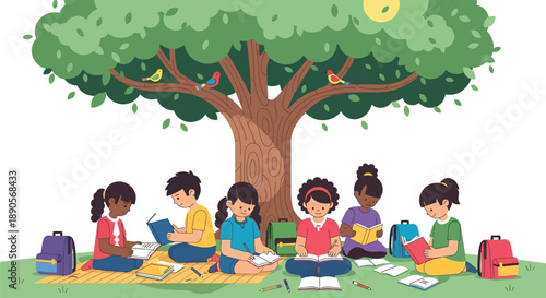 Diverse group of children studying and reading books together beneath the shade of a large green tree
