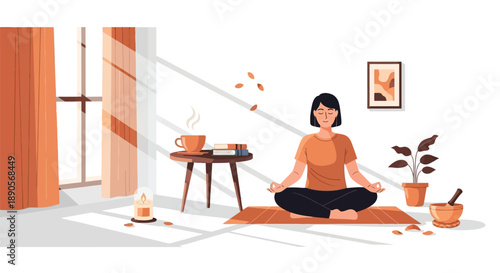 Woman practicing mindful meditation in a sunlit room with warm tones and peaceful objects nearby