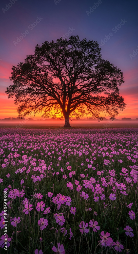 Fototapeta premium Landscape with silhouetted tree over a field of pink flower, under an orange and purple sky at dawn or dusk, symbolizing peace, beauty, nature