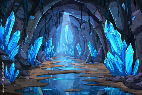 Mysterious Cave with Sparkling Blue Crystals and Calm Waters