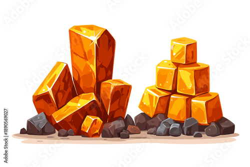 Vector Illustration of Shiny Gold Bars and Nuggets Isolated on White Background